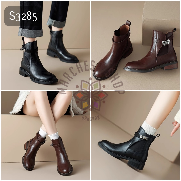 S3285 - 全真皮羊皮彈力側扣一字帶平底短靴