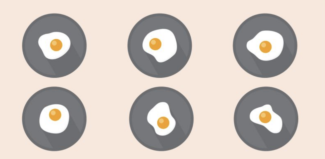 6顆不同形狀的卡通煎蛋在監盤上。🍳