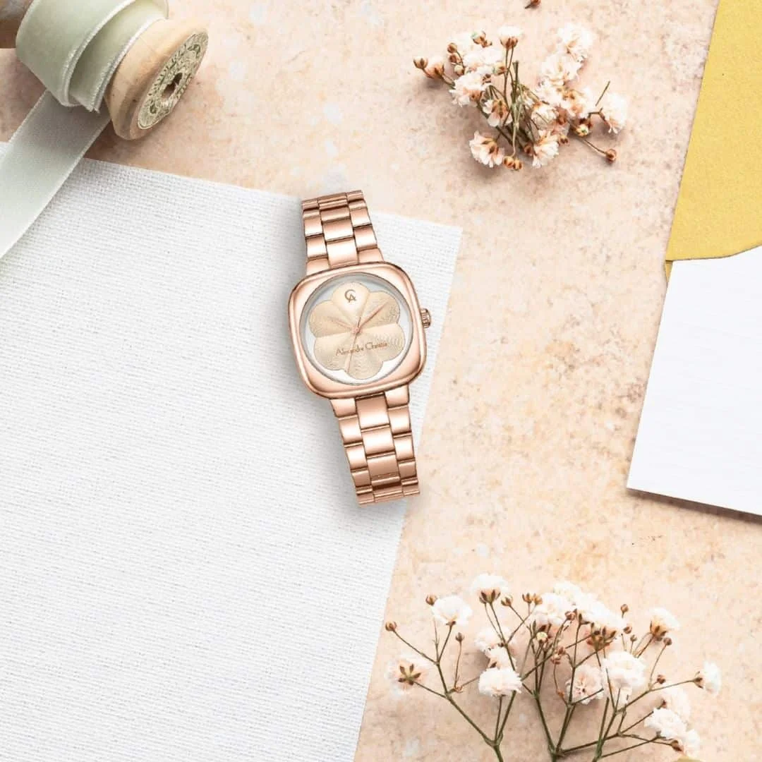 萬年鐘錶 - Alexandre Christie  花朵線條面盤玫瑰金方形不鏽鋼女錶  AC手錶  2984LHBRGLN   錶徑37.5MM