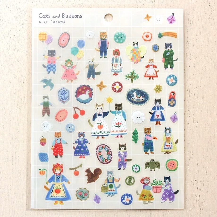 Hyogensha PET Clear Sticker－Aiko Fukawa Series | Cats and Buttons (Japanese Stationery Brand)