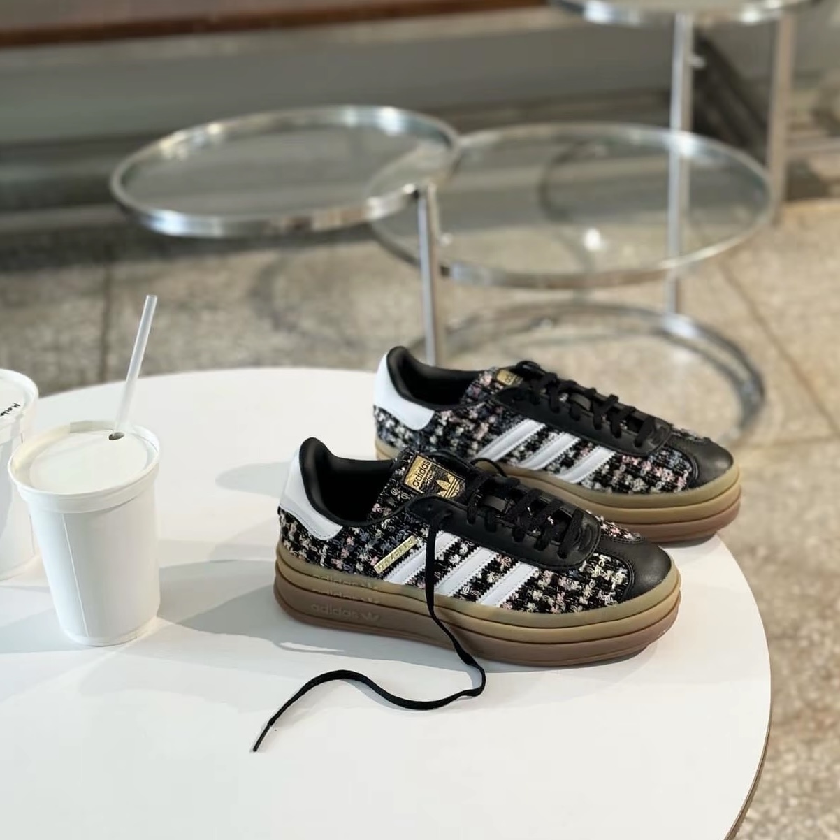 ADIDAS GAZELLE BOLD 黑色 金標 小香風 毛呢 厚底增高 女鞋 JP5672