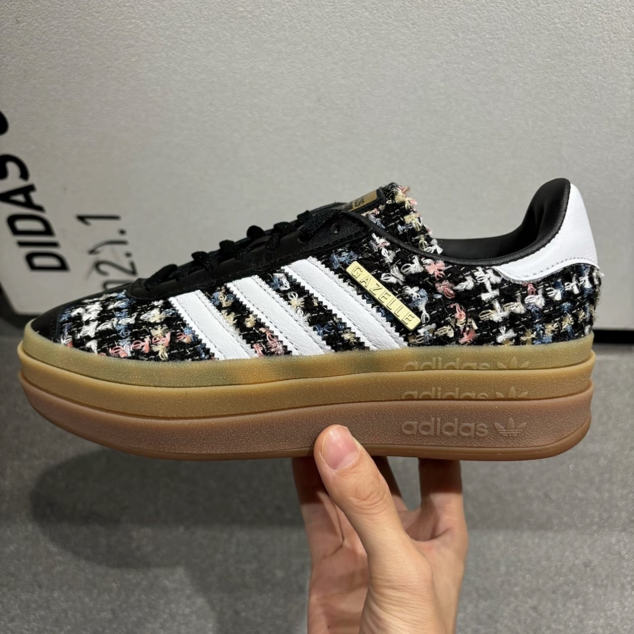 ADIDAS GAZELLE BOLD 黑色 金標 小香風 毛呢 厚底增高 女鞋 JP5672