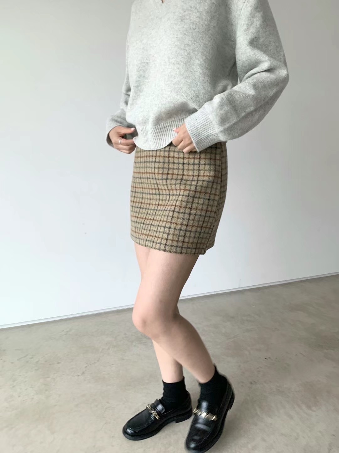 Melton wool check skirt (現貨)