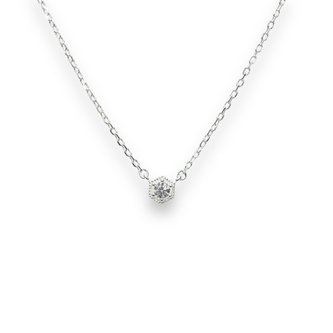 純銀項鍊-六角框中六點白鋯