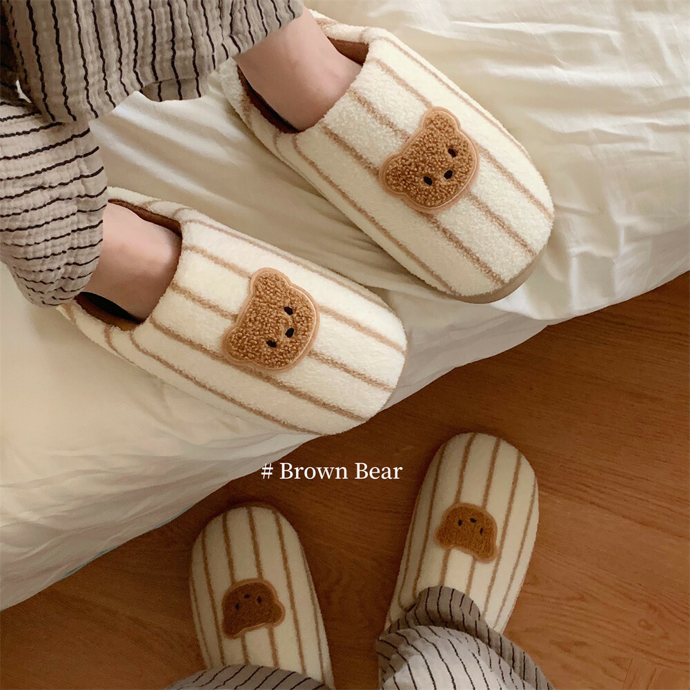 《5255》咖啡小熊毛絨條紋拖鞋