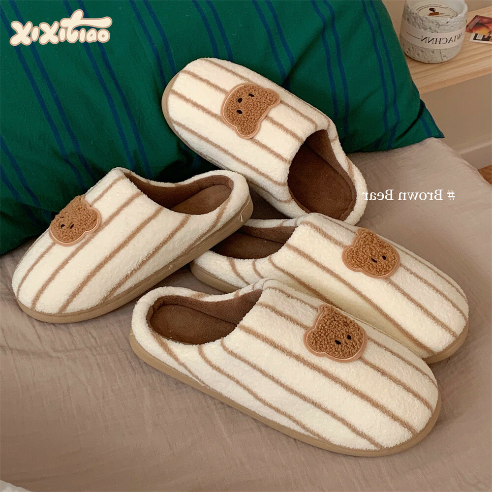 《5255》咖啡小熊毛絨條紋拖鞋