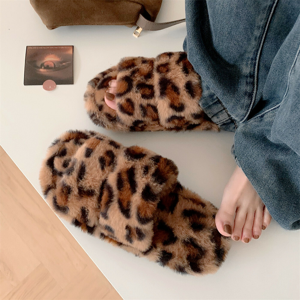 《5256》復古豹紋ins毛毛拖鞋