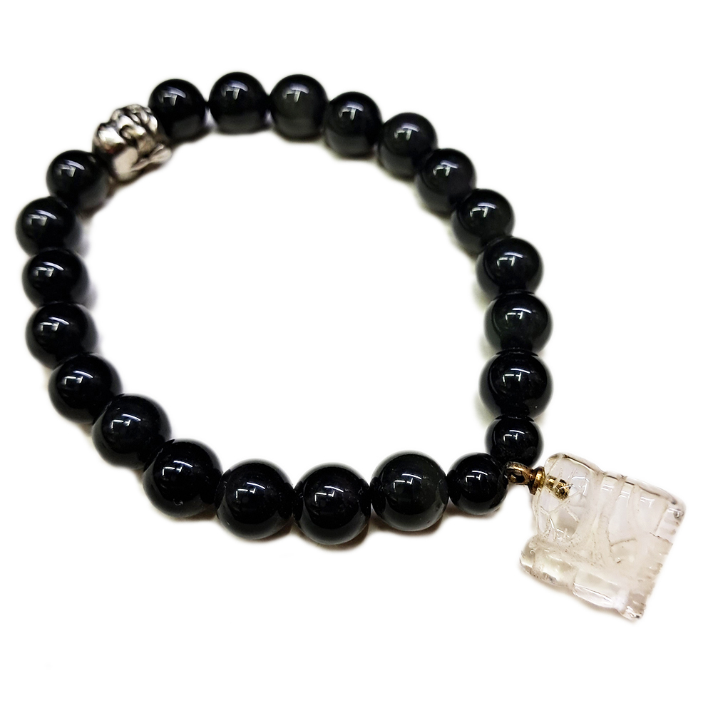 水晶(招財貓) +黑曜岩手珠8mm【十方】140092