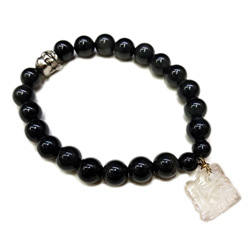 水晶(招財貓) +黑曜岩手珠8mm【十方】140092