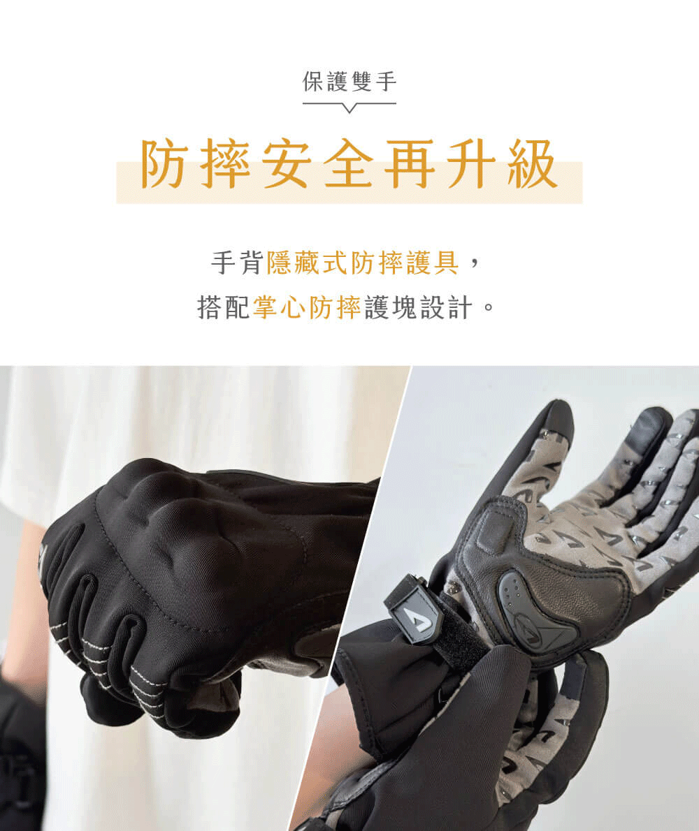 GA50 防水保暖機車手套,掌心防摔護塊+隱藏式防摔護具,安全再升級。