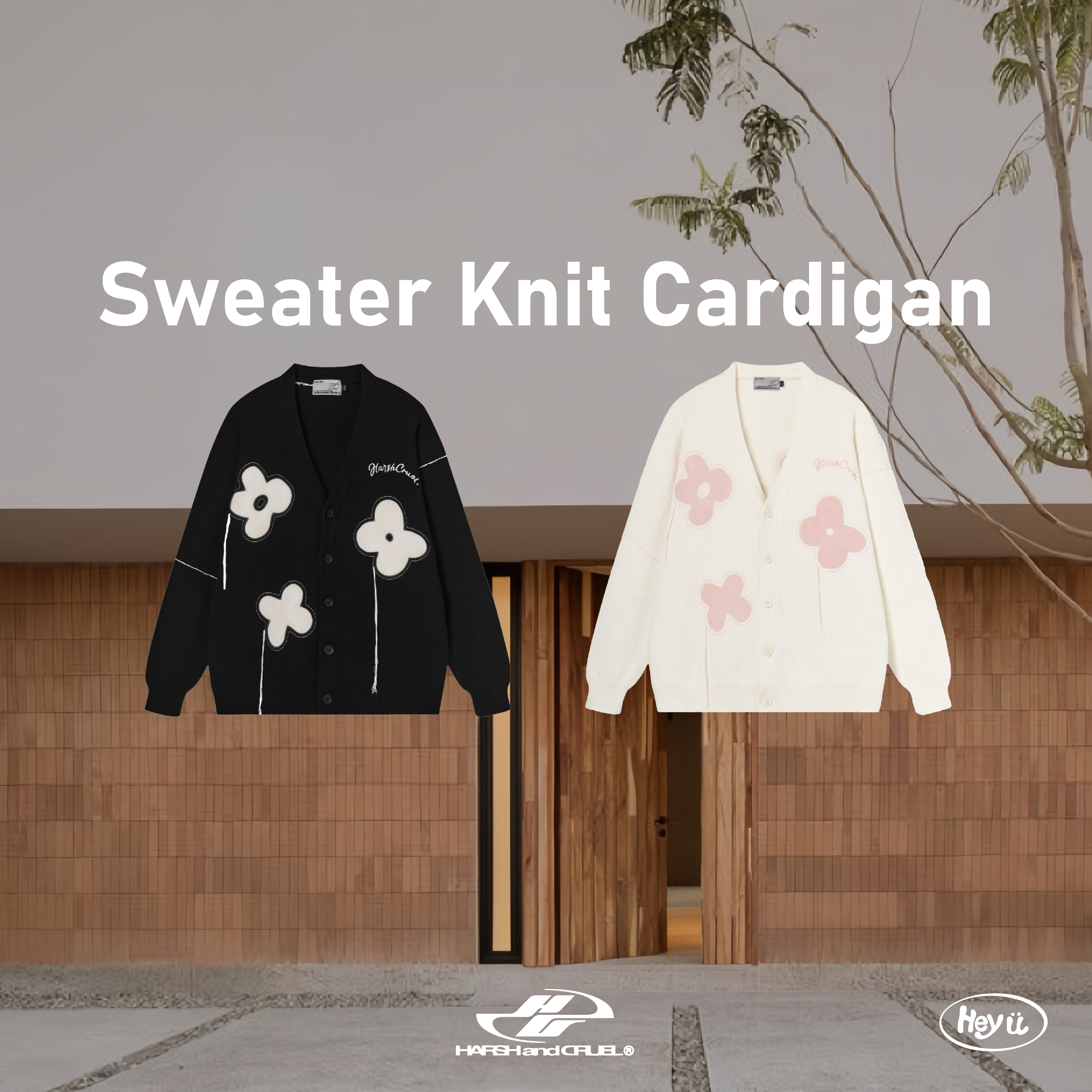 HARSH AND CRUEL 塗鴉花朵流蘇毛邊針織衫 (黑/米白)