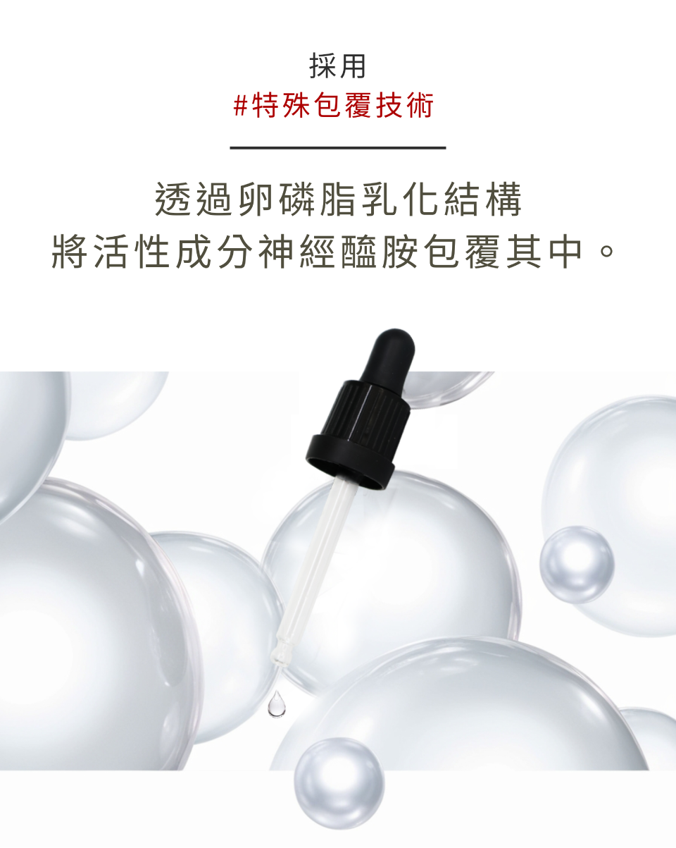 透過卵磷脂乳化結構 將活性成分神經醯胺包覆其中。