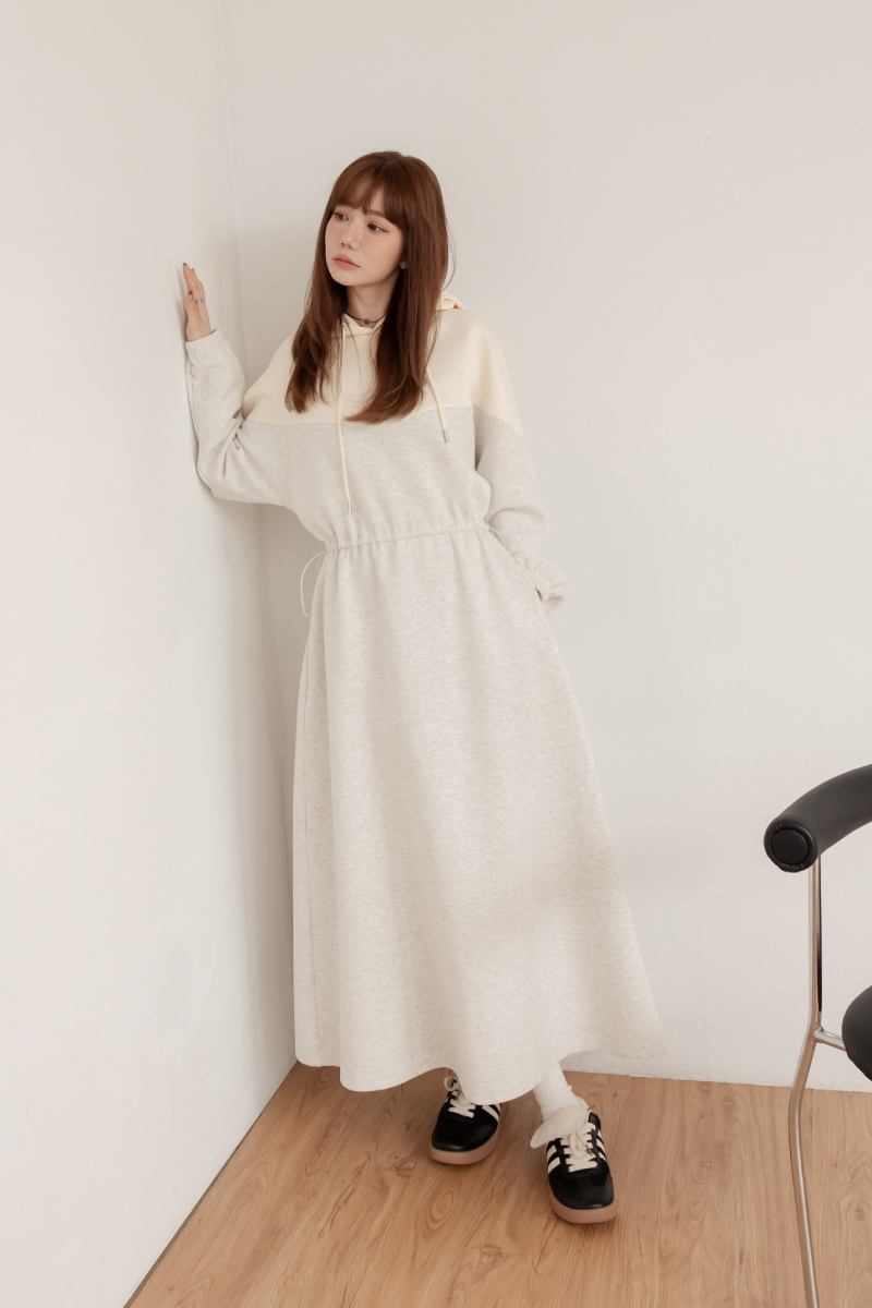 撞色抽腰連帽洋裝