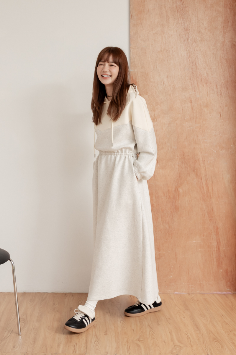 撞色抽腰連帽洋裝