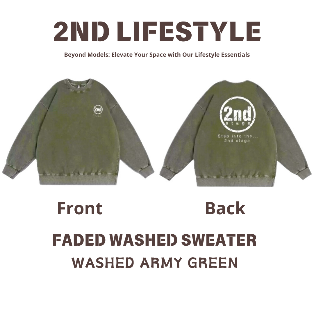 2nd Stage FADED WASHED SWEATER WASHED ARMY GREEN 洗水軍綠