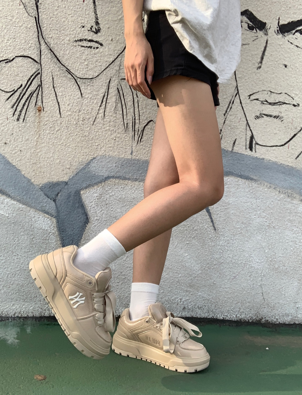 MLB Chunky Liner 厚底增高學長鞋 松糕鞋 增高 鱷魚紋 皮革 卡其色 3ASXCWL4N-50BGS/現貨+預購