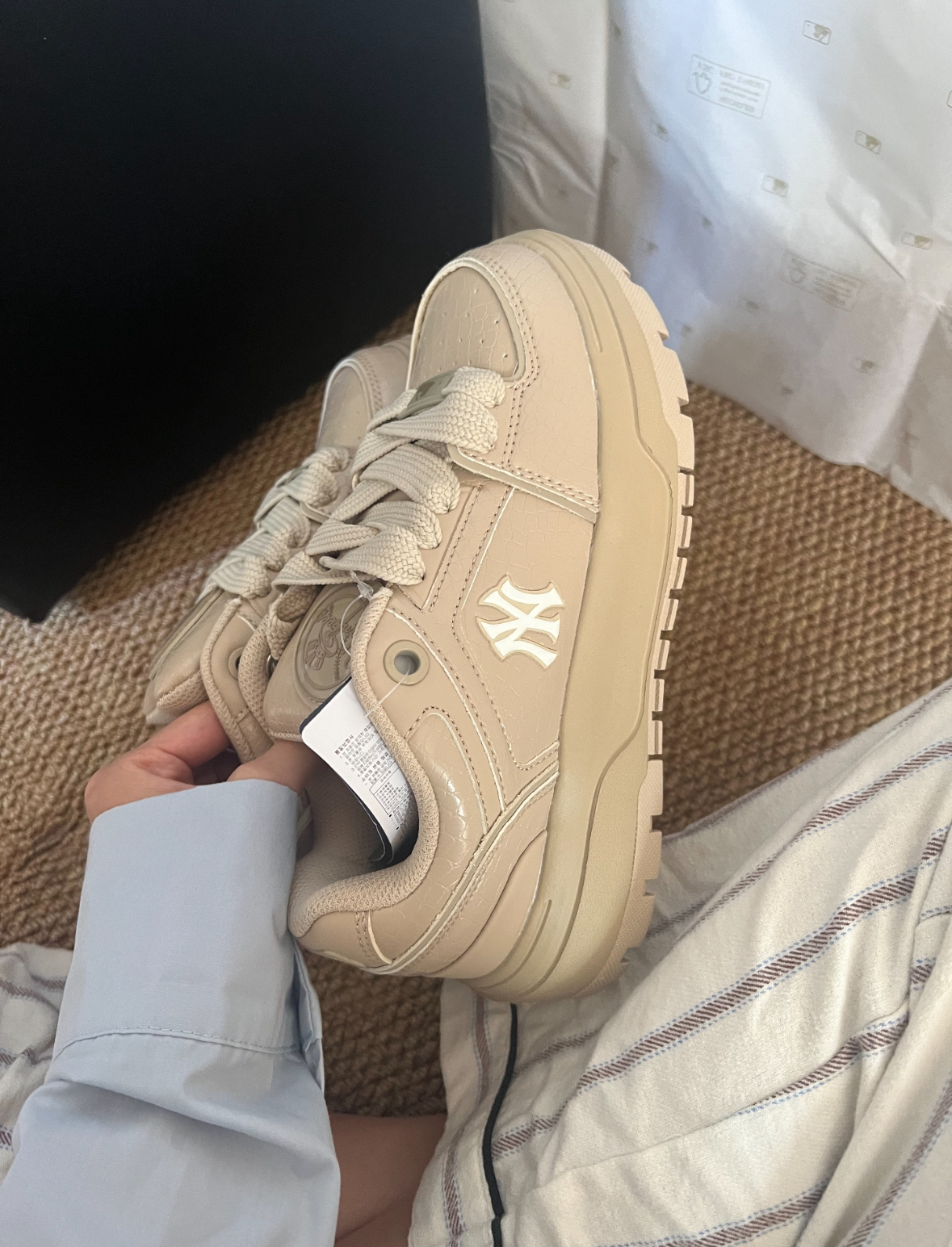 MLB Chunky Liner 厚底增高學長鞋 松糕鞋 增高 鱷魚紋 皮革 卡其色 3ASXCWL4N-50BGS/現貨+預購