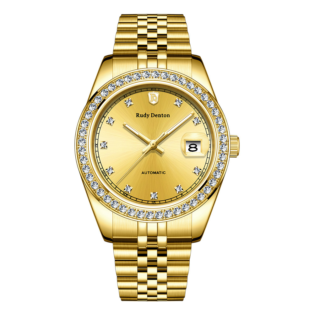 【RudyDenton 勞迪丹頓】 RDT-005-S01 真鑽時標 夜光 晶鑽錶圈 帶日期 鏤空 24K黃金 不鏽鋼 機械 腕錶