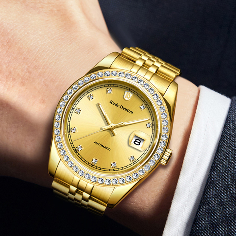 【RudyDenton 勞迪丹頓】 RDT-005-S01 真鑽時標 夜光 晶鑽錶圈 帶日期 鏤空 24K黃金 不鏽鋼 機械 腕錶