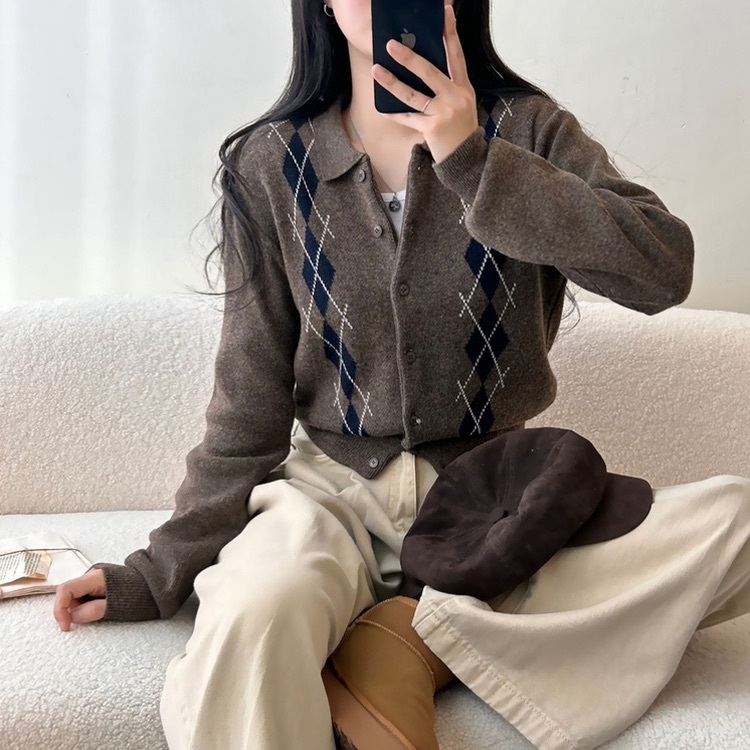 【優惠預訂】韓國反領菱格針織外套（5色）