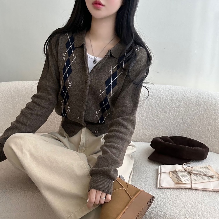 【優惠預訂】韓國反領菱格針織外套（5色）