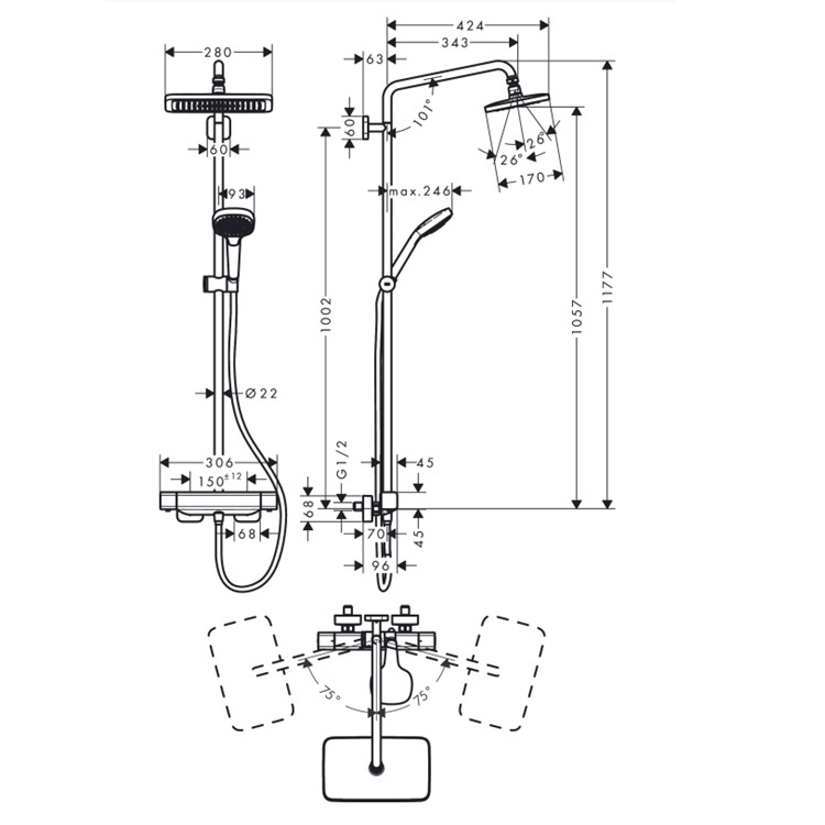 hansgrohe Croma E 27630, -000 Thermostat showerpipe 280 1jet