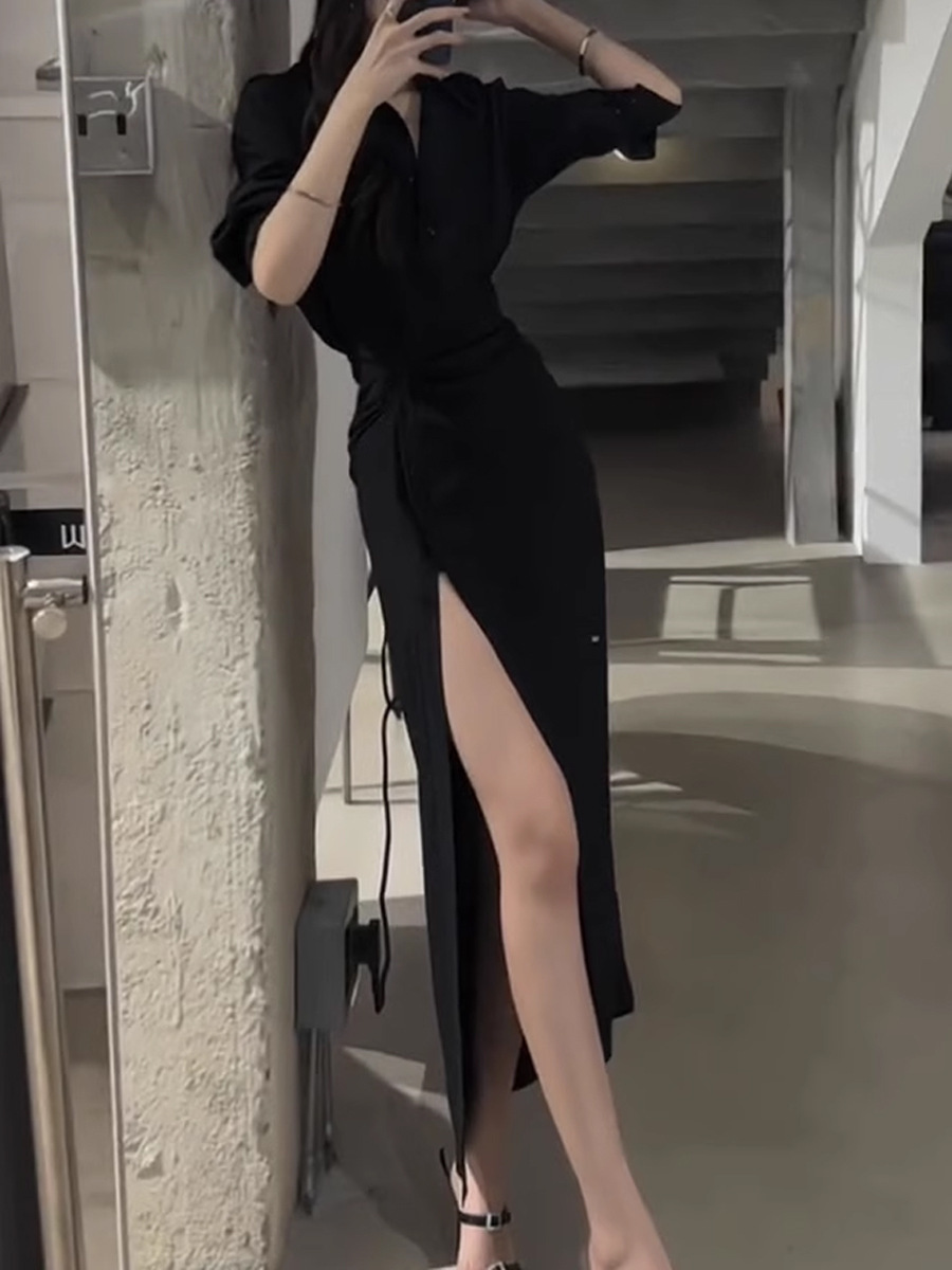 高冷簡約 長版襯衫開衩洋裝