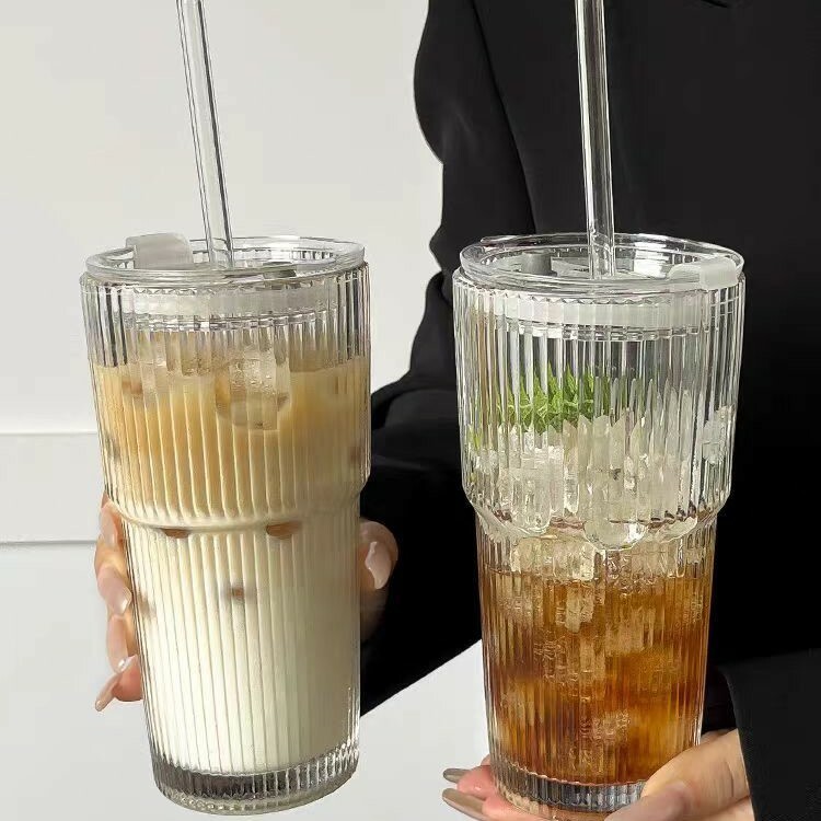 《5259》ins豎條紋玻璃吸管杯600ML