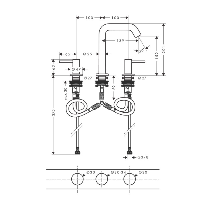hansgrohe Tecturis S 73330, -000 3-hole basin mixer 150 EcoSmart+ with push-open waste set - With Wels