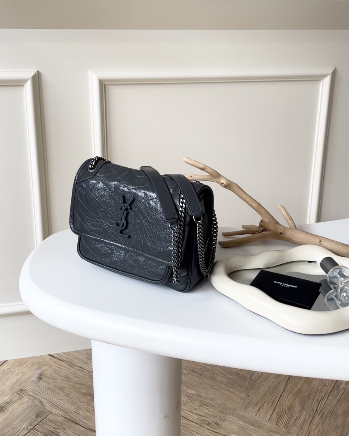 YSL｜NIKI BABY 鏈條包 灰銀色