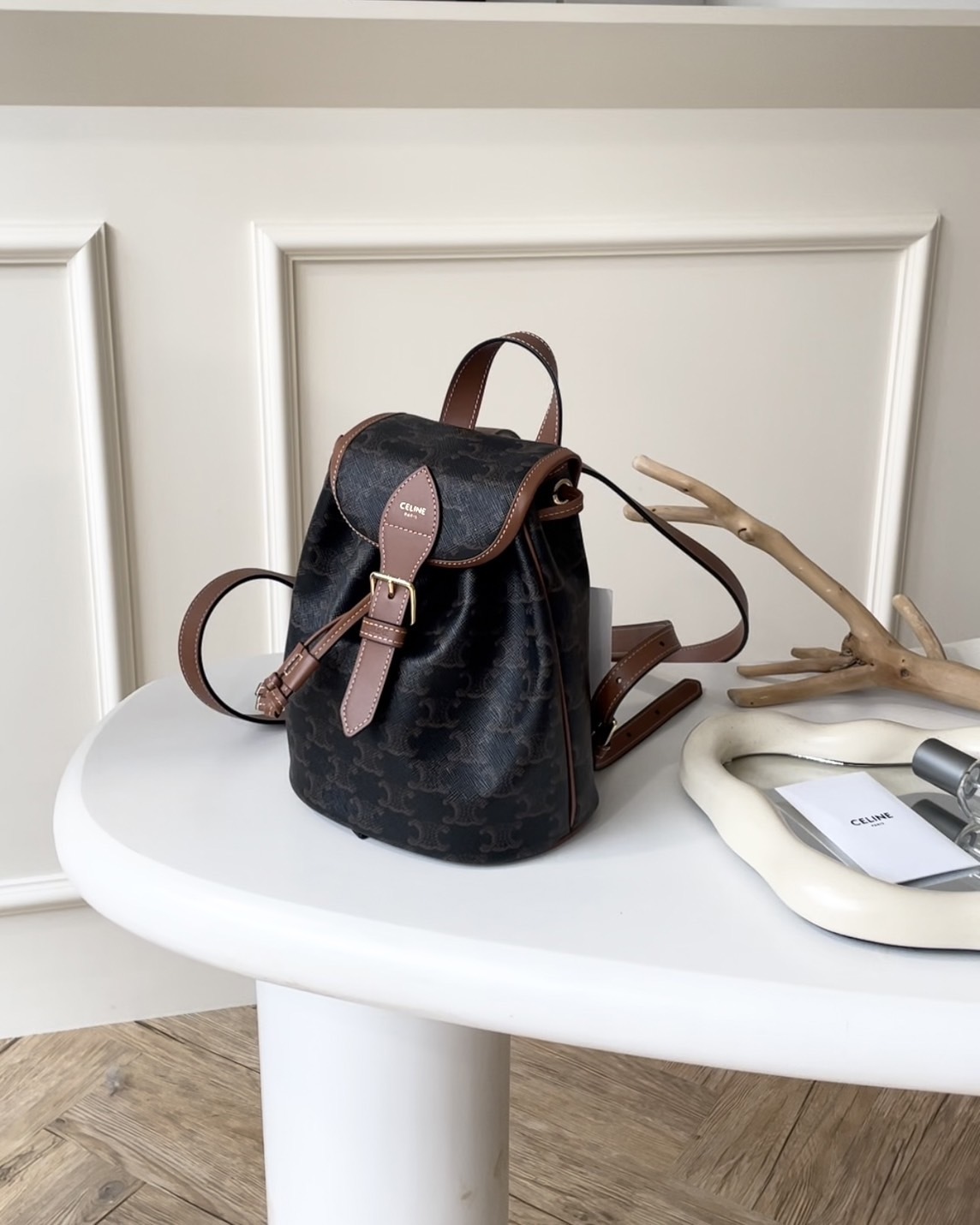 CELINE｜凱旋門迷你雙肩小書包 棕色老花