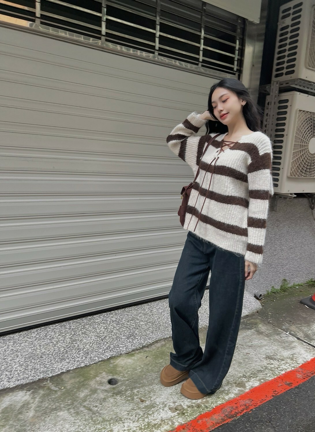 羊毛綁繩V領條文毛衣/二色