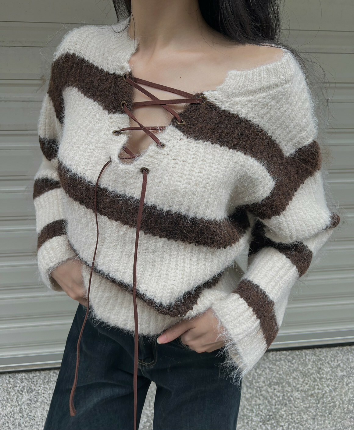 羊毛綁繩V領條文毛衣/二色
