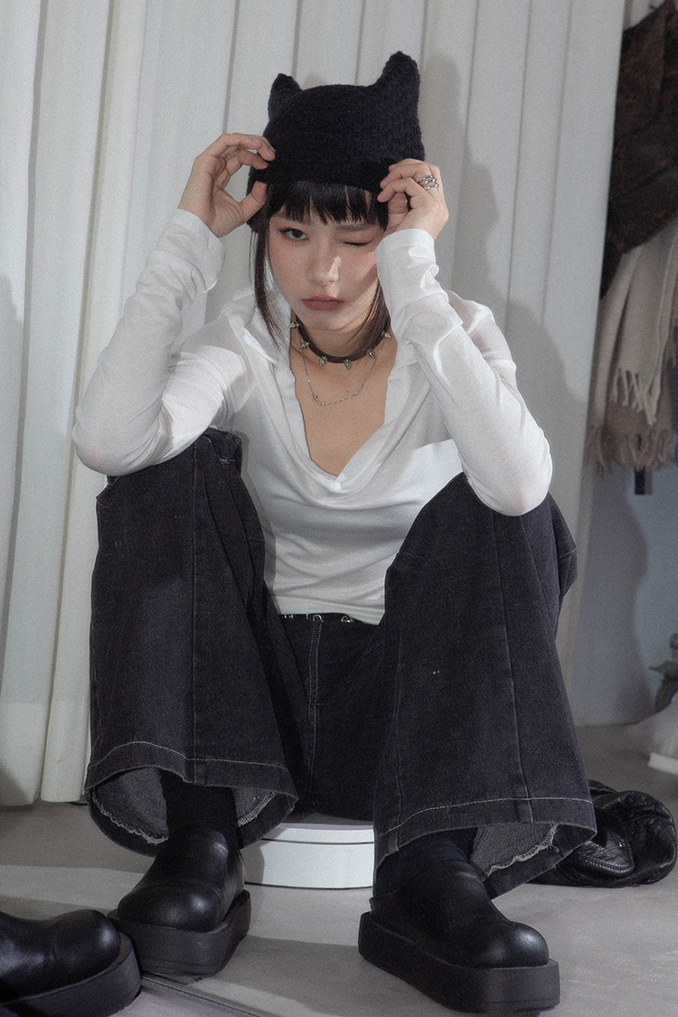 天絲翻領透膚上衣(in stock)