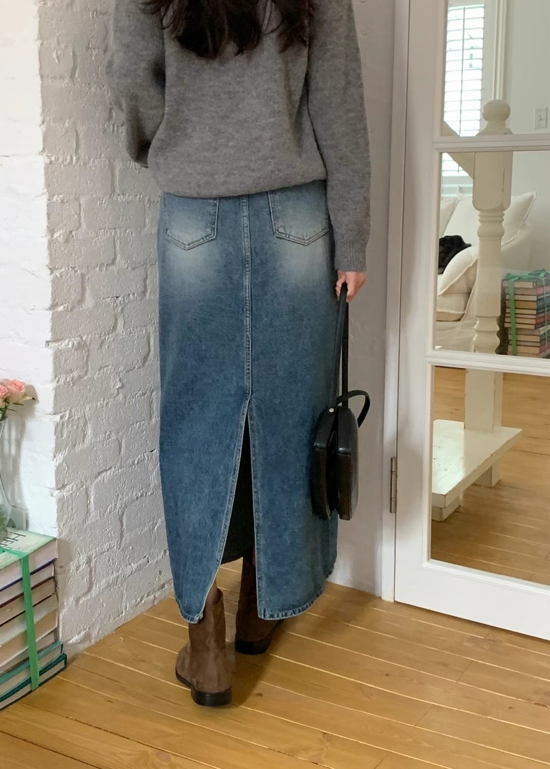 Retro straight denim skirt