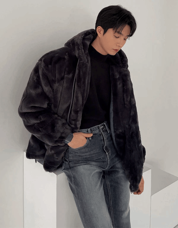 毛絨水貂皮雙拉鍊連帽外套