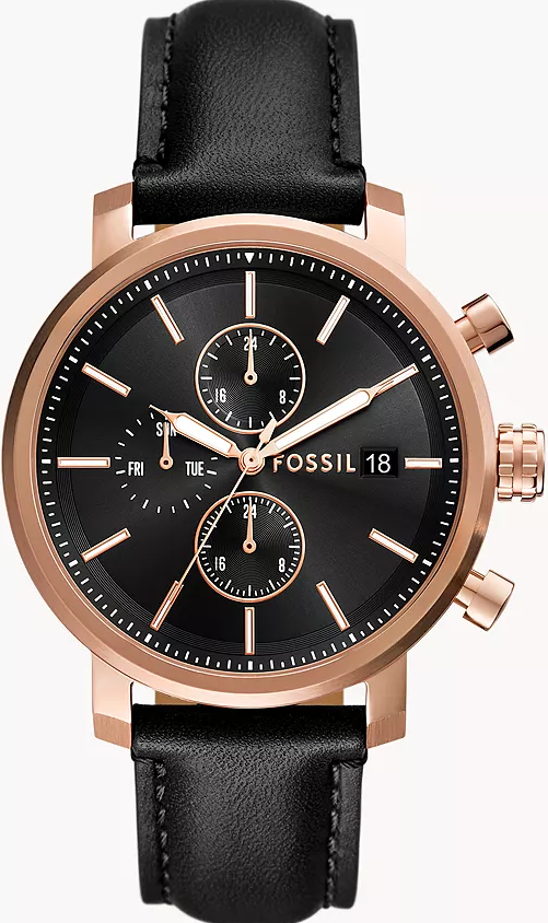 萬年鐘錶 - Fossil  Rhett 玫瑰金外框黑色面盤三眼計時皮革男錶  BQ2893  錶徑43MM