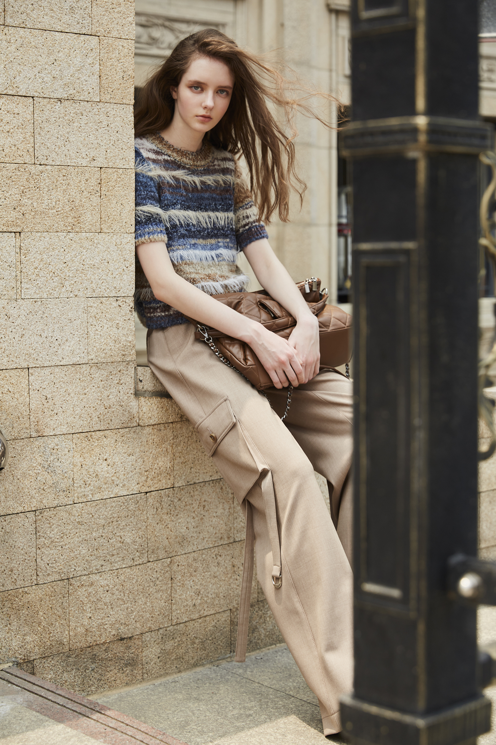 BD15215A1 林境紋理多色混紡毛感條紋短袖針織上衣