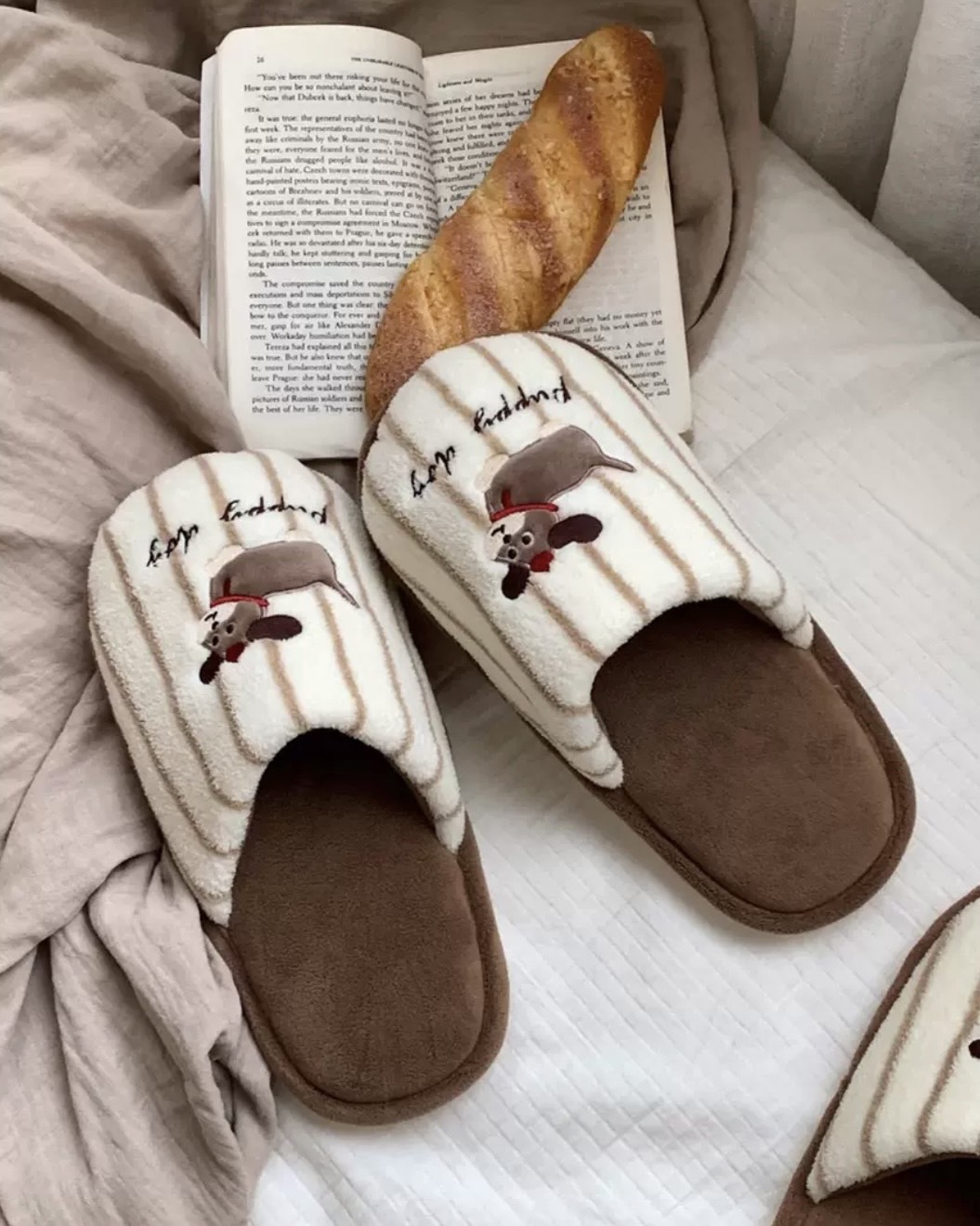 零碼-25-25.5cm-毛絨絨室內拖鞋 條紋小狗