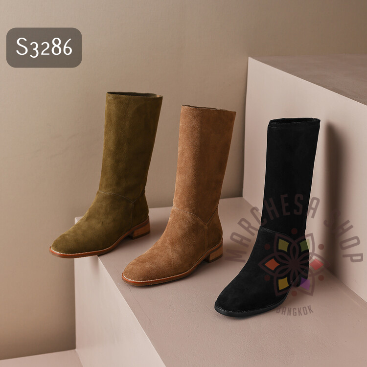 S3286 - 真皮羊猄軟皮純色平底中短靴