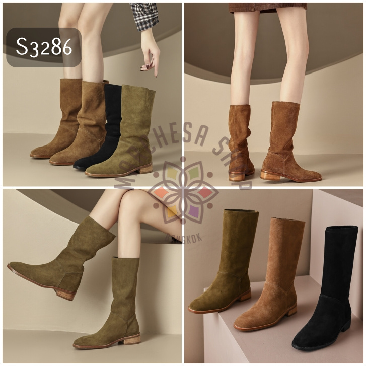 S3286 - 真皮羊猄軟皮純色平底中短靴