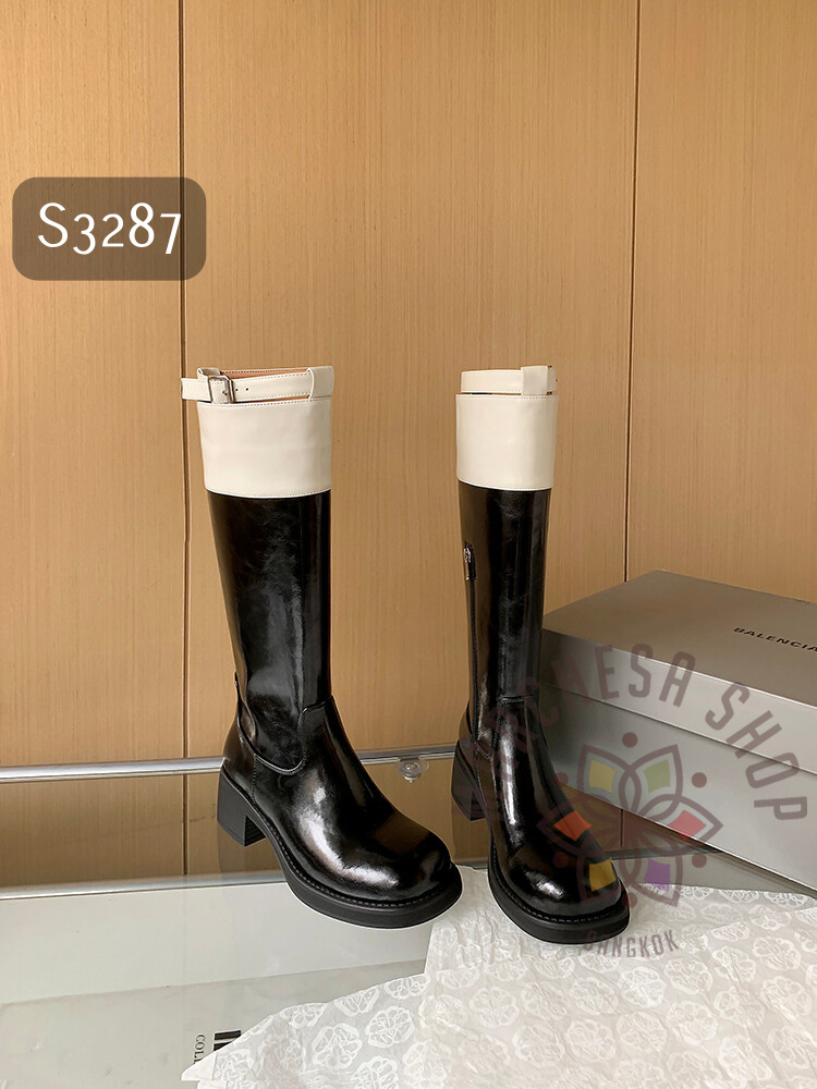 S3287 - 真皮羊皮拼色一字扣低踭長靴