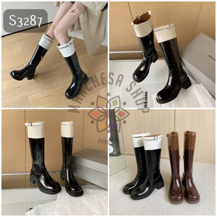 S3287 - 真皮羊皮拼色一字扣低踭長靴