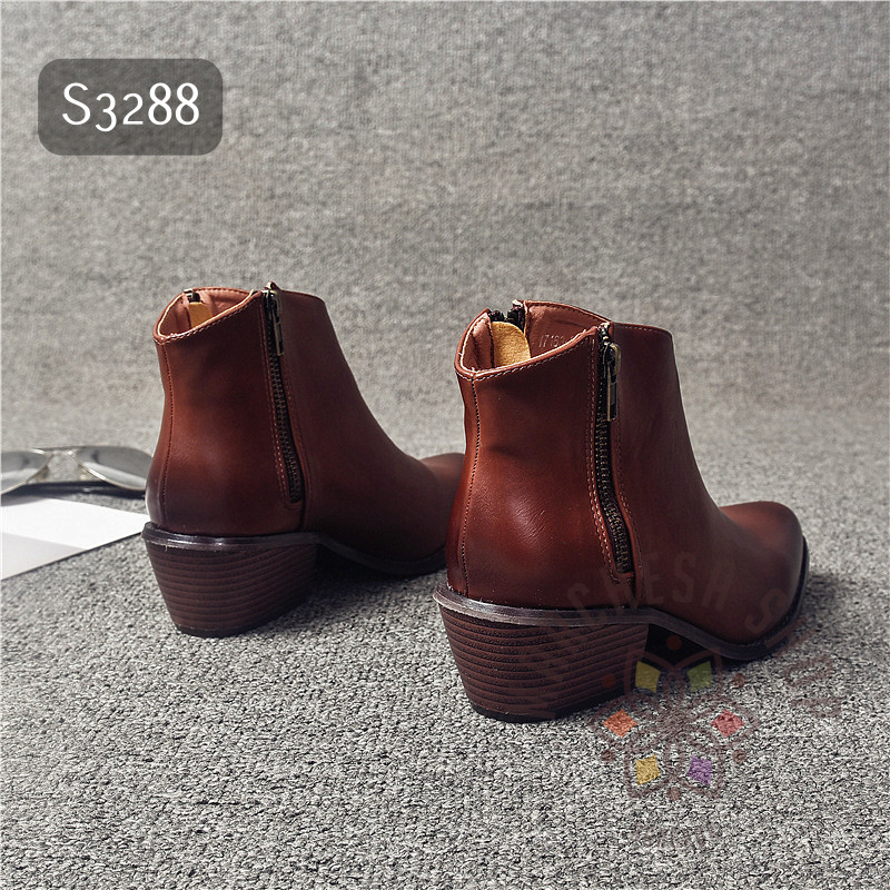 S3288 - 全真皮羊皮水磨側拉鏈低踭踝靴