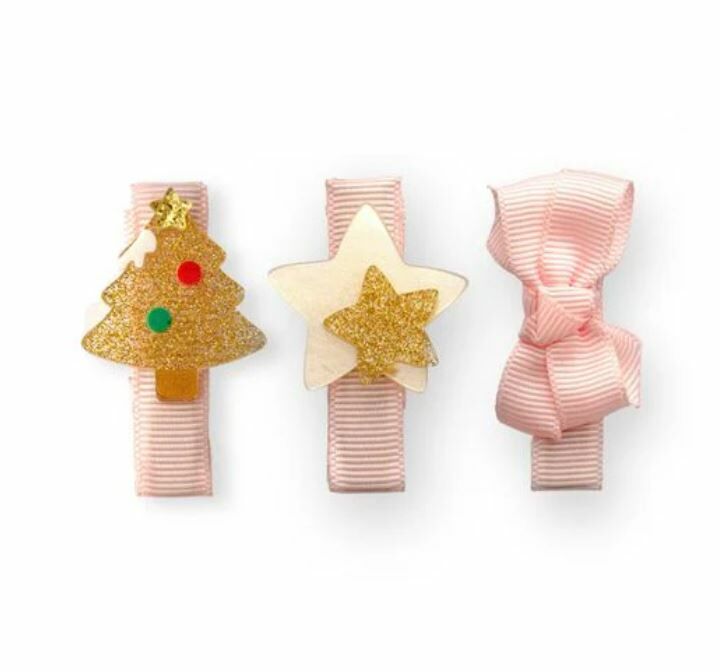 LILIES & ROSES 聖誕樹組幼兒髮夾 Tree Star Glitter Gold and Fabric Bow Baby Hair Clips
