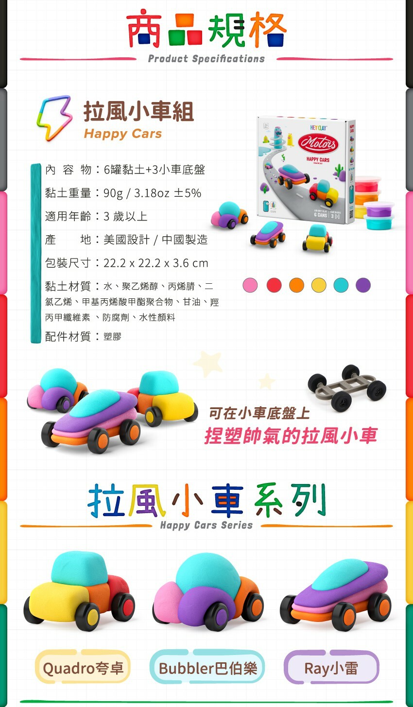 內容物：6罐+3小車底盤，黏土重：90g/3.18oz±5，適用年齡：3歲以上，產地：美國設計/中國製造，包裝尺寸：22.2x22.2x3.6cm，黏土材質：水、聚乙烯醇、丙烯腈、二氯乙烯、甲基丙烯酸甲酯聚合物、甘油、羥丙甲纖維素、防腐劑、水性顏料，配件材質：塑膠。