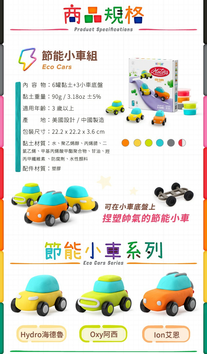 內容物：6罐+3小車底盤，黏土重：90g/3.18oz±5，適用年齡：3歲以上，產地：美國設計/中國製造，包裝尺寸：22.2x22.2x3.6cm，黏土材質：水、聚乙烯醇、丙烯腈、二氯乙烯、甲基丙烯酸甲酯聚合物、甘油、羥丙甲纖維素、防腐劑、水性顏料，配件材質：塑膠。