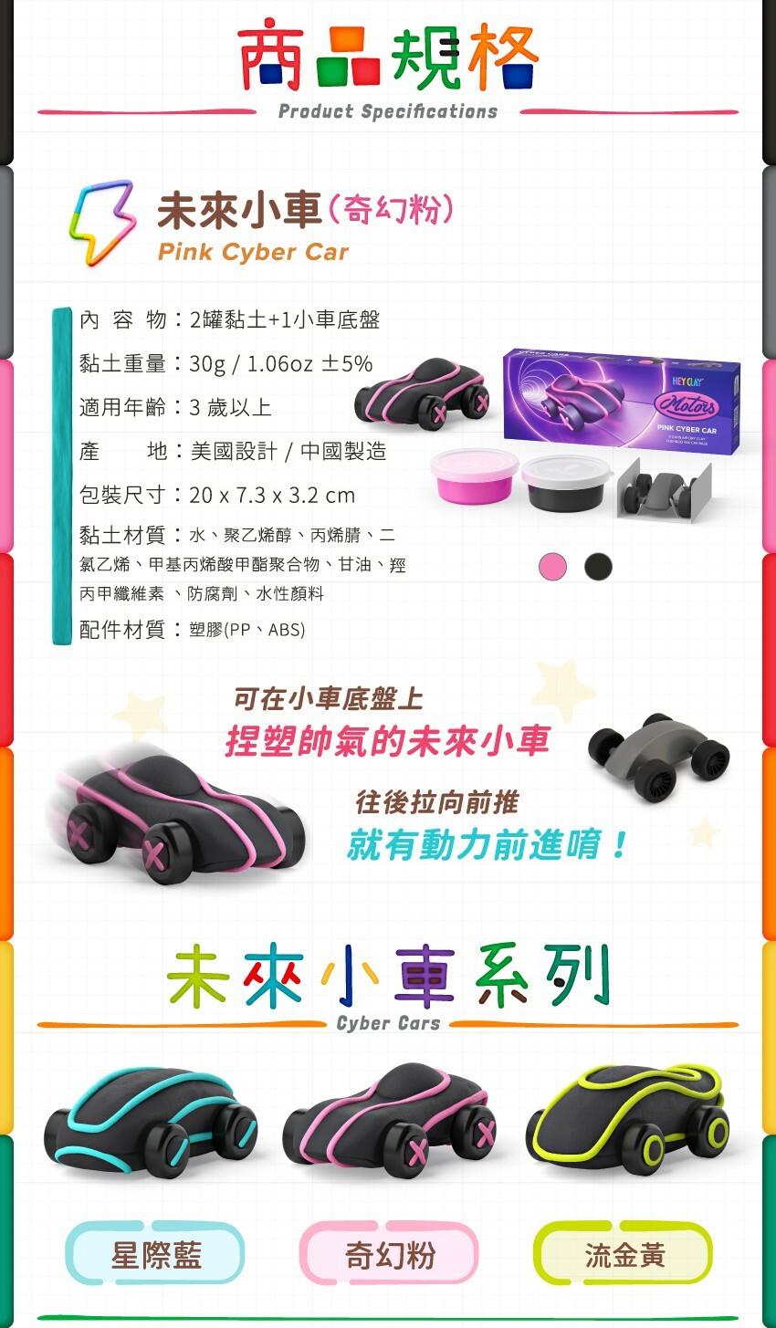 內容物：2罐黏土+1小車底盤，黏土重：30g/1.06oz±5，適用年齡：3歲以上，產地：美國設計/中國製造，包裝尺寸：20x7.3x3.2cm，材質：水、聚乙烯醇、丙烯腈、二氯乙烯、甲基丙烯酸甲酯聚合物、甘油、羥丙甲纖維素、防腐劑、水性顏料，配件材質：塑膠(PP、ABS)。往後拉，小車就有動力可以前進囉