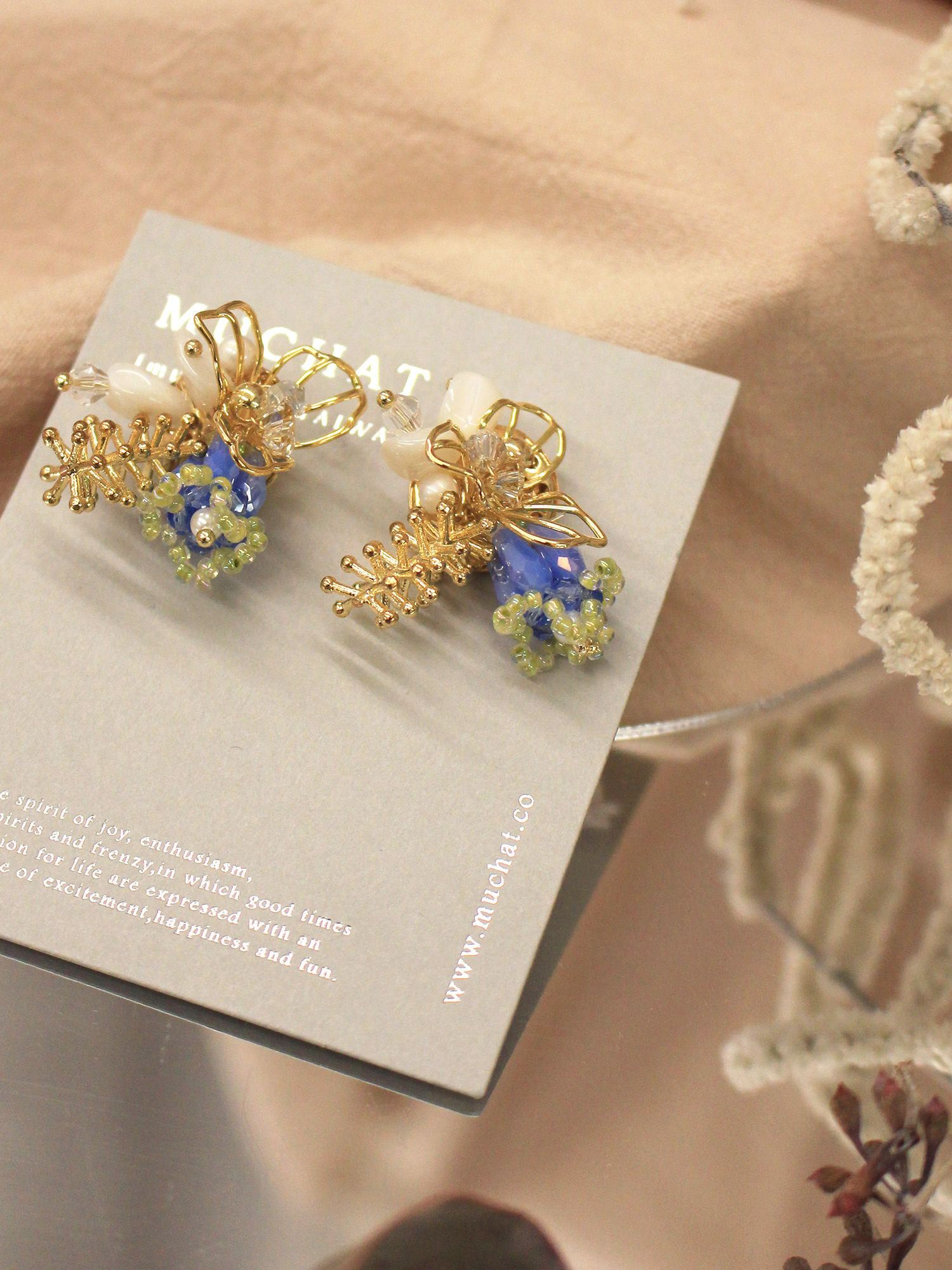 喚醒時空。MUCHAT手作14KGP貝殼立體珠花純銀針耳環