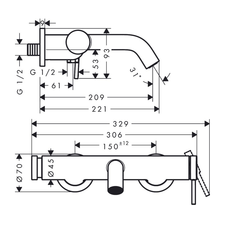 hansgrohe Tecturis S 73422, -000 Single lever bath mixer for exposed installation - GA Approval